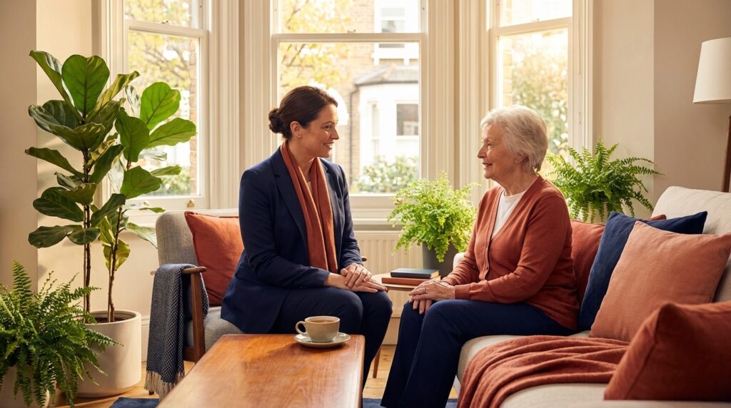 Professional carer sitting with an elderly woman in a bright London living room - home care in Ealing by GoCarely